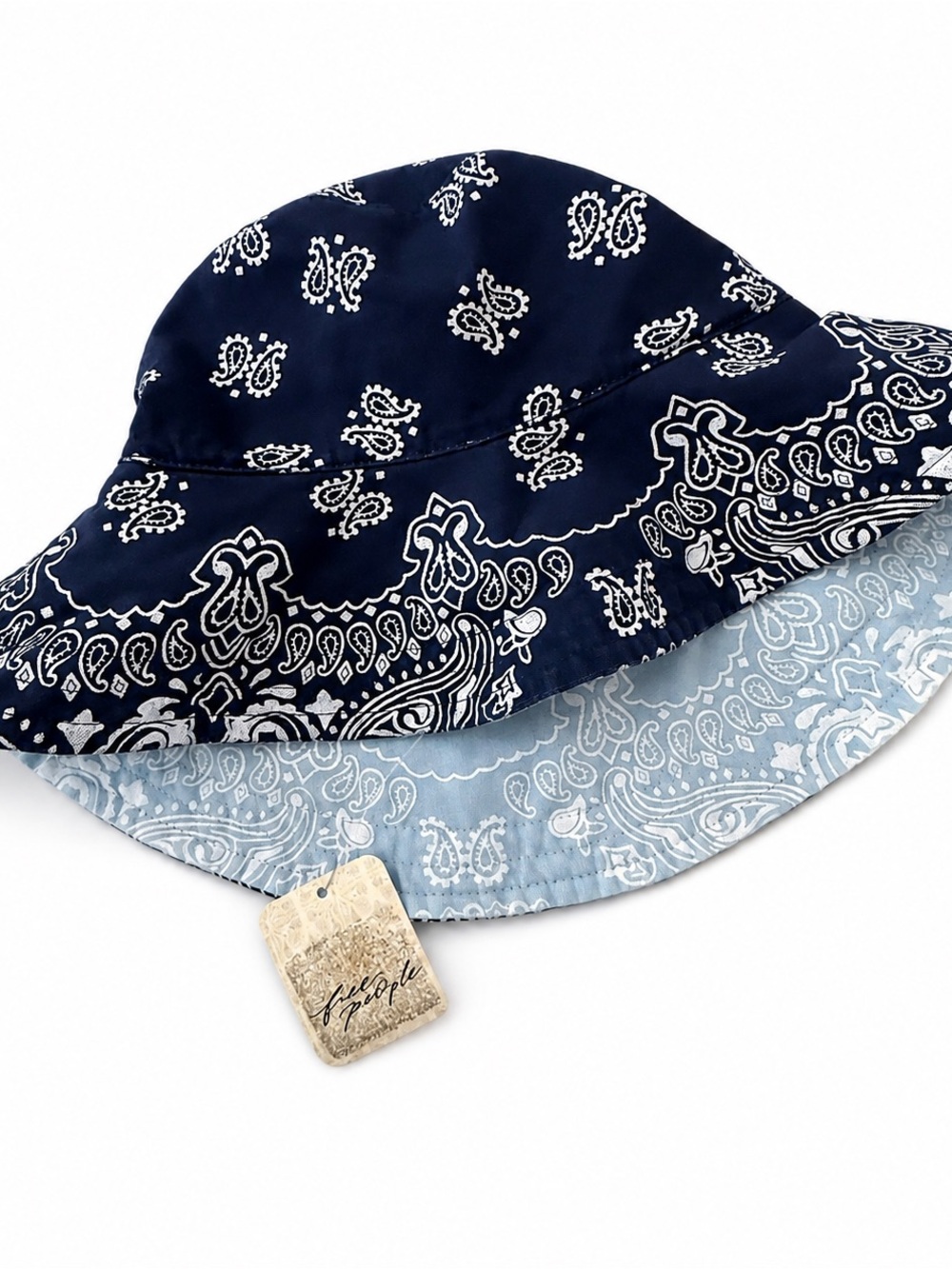 Free People Reversible Paisley Bandana Bucket Hat Navy Blue NWT